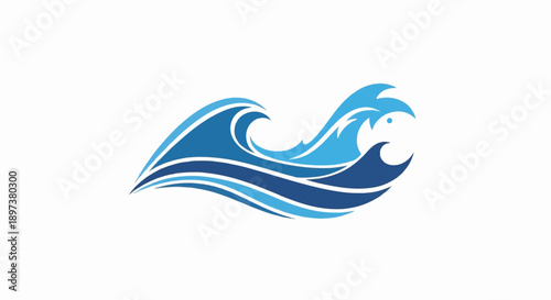Stylized illustration of dynamic ocean waves in various shades of blue, flowing across a white background