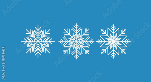 Three white, stylized snowflakes with subtle shadows aligned horizontally on a vibrant blue background