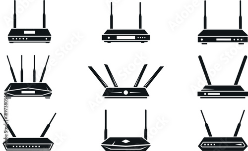 Set of black flat router icons and modem silhouette symbols for wireless internet connection, networking hardware, and telecommunication technology equipment.