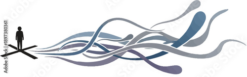 Silhouette stands on an 'X' with flowing, intertwining blue and purple abstract lines extending right