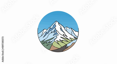 Stylized illustration of a snow-capped mountain range under a clear sky, enclosed in a circular frame