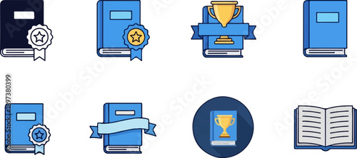 Collection of eight book icons in blue, black, and gold, some adorned with awards, banners, or trophies