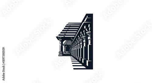 Monochrome vector illustration of an ancient temple corridor with decorative pillars and a stepped roof