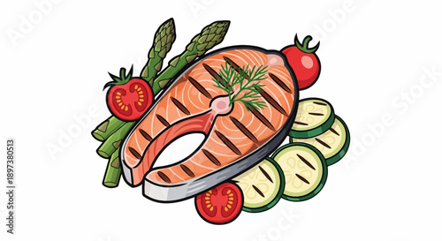 Grilled salmon steak with fresh asparagus, tomatoes, and zucchini slices, garnished with dill