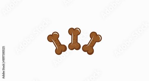 Three brown cartoon bone-shaped dog treats are scattered on a clean white background, an inviting snack
