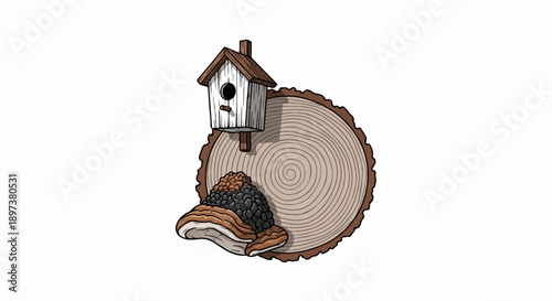 An illustration of a birdhouse, tree slice with annual rings, and various natural mushrooms on a white background