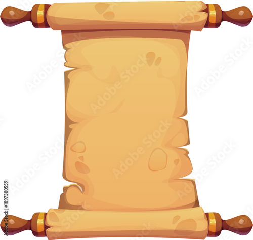 Ancient manuscript, cartoon pirate vintage paper scroll, old treasure map and antique papyrus parchment with wooden handles and blank texture. Vector historical document or treasure map template