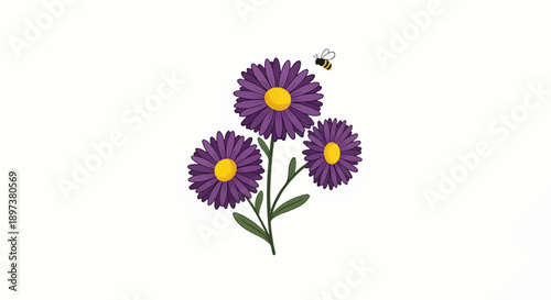 Illustration of three vibrant purple flowers with yellow centers on a green stem, visited by a tiny bee