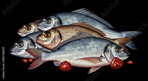 Detailed digital painting of four raw whole fish, two silvery and two brownish, with red garnish on black