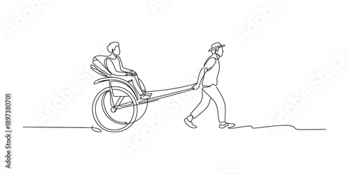 A continuous single line drawing capturing a person pulling a rickshaw with a passenger Vector, illustration