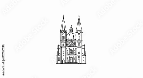 Detailed black outline illustration of an ornate historic church with twin spires, a central dome, and columns