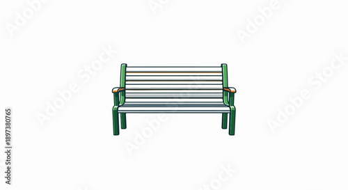 An illustrative drawing of a classic park bench with green frame and white slats on a white background