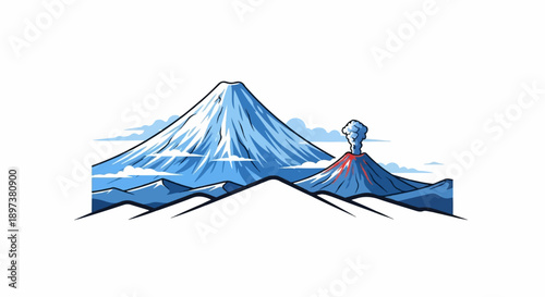 Stylized illustration of majestic snow-capped mountains with an erupting volcano, set against a cloudy sky
