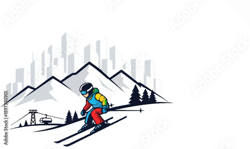 Vibrant illustration of a skier descending a snowy slope with mountains, pine trees, ski lift, and distant city