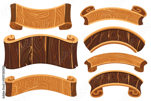 A set of dark oak wooden plaques and curved scrolls, polished finish, golden trim