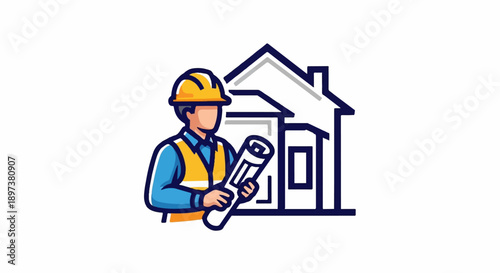 Illustration of an architect/engineer in a hard hat holding blueprints, with a house structure nearby