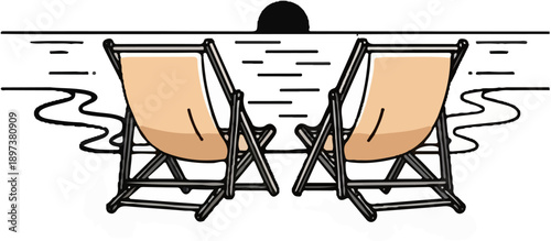 Two beach chairs on a shore facing a sunset over water, illustrating a peaceful vacation scene