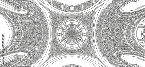 Symmetrical grayscale line art of an ornate architectural dome interior with intricate patterns and radial designs