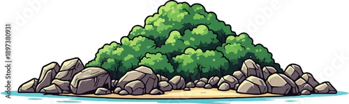 Pixel art island with lush green trees atop a rocky shore and sandy beach, surrounded by clear blue water