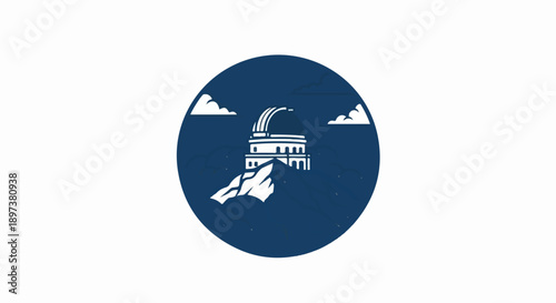 Stylized illustration of an astronomical observatory on a mountain peak under clouds, set in a dark blue circle