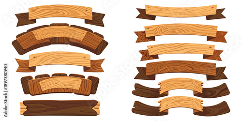 2D game assets A sheet of light pine wood banners, long horizontal planks and wavy ribbon styles, clean edges.