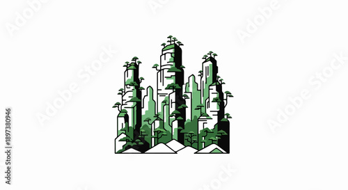 Stylized minimalist illustration of majestic towering mountains with sparse evergreen trees, in a green palette