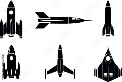 Set of Retro Sci-Fi Rocket Ship Icons and Vintage Spaceship Vector Silhouettes for Galactic Exploration Graphics and Outer Space Illustration