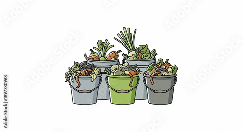 Illustration of multiple buckets filled with organic kitchen scraps, vegetable peels, and food waste for composting