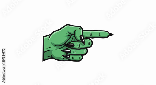 Cartoonish green monster hand with sharp black nails pointing right on a white background