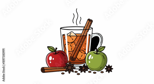 Illustration of steaming apple cider in a glass mug with ice, cinnamon, red and green apples, and star anise