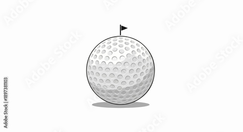 Stylized white golf ball illustration with dimples and a small black flag on top, casting a shadow
