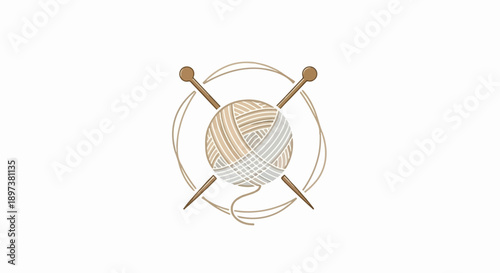 Illustration of a ball of yarn with knitting needles crossed behind it, encircled by swirling yarn strands