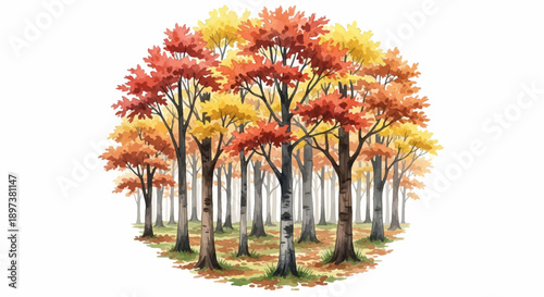 Vibrant watercolor illustration of an autumnal forest with trees in red, orange, and yellow foliage