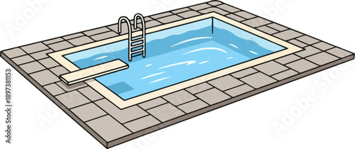 Isometric illustration of a rectangular outdoor swimming pool with blue water, a diving board, ladder, and stone tile surround