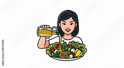 An illustration of a smiling woman pouring dressing from a bottle onto a fresh, colorful salad