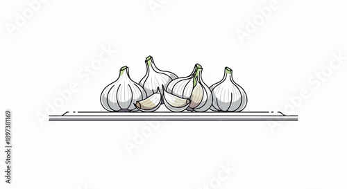 An appealing illustration featuring several whole garlic bulbs and two peeled cloves arranged on a simple line