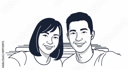 Smiling couple in minimalist black and white line art illustration, looking directly at the viewer