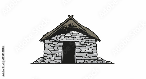 An illustration of an old stone hut with a thatched roof and dark doorway on a white background