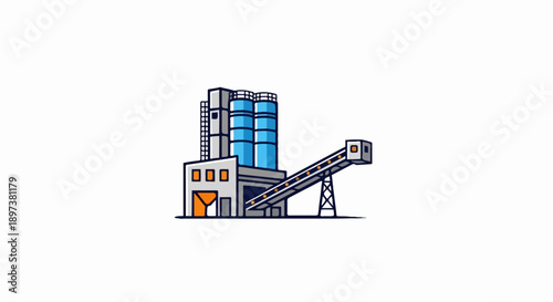 An isometric illustration of an industrial cement or aggregate factory with blue silos and an orange conveyor belt