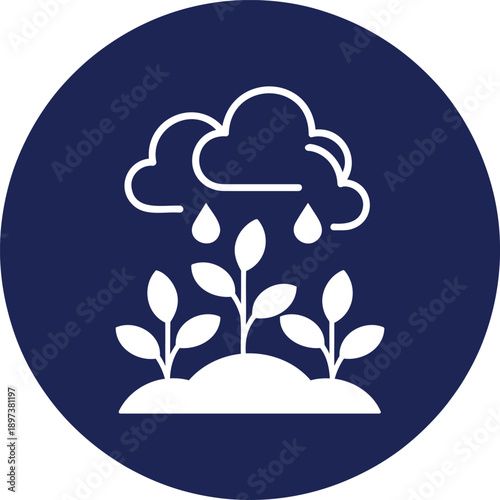 White plants growing under rain from clouds on dark blue circle