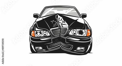 Front view vector illustration of a damaged black car with a broken headlight and crumpled hood