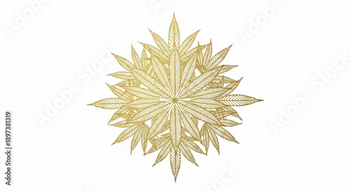 Golden cannabis leaves arranged in a radiant, symmetrical mandala pattern on a pristine white background