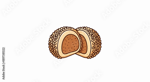 Illustration of two halves of a round, sesame-coated pastry with a sweet brown filling on a white background