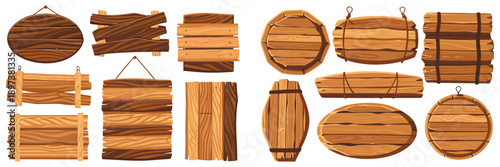 Round wooden signboards made of horizontal planks tied with thin wire, rustic 2D cartoon style, light brown wood