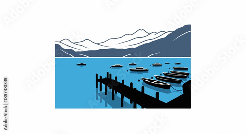 Illustration of a serene lake scene with a long dock, multiple boats, and distant mountains
