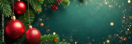 Elegant Xmas border with glossy ornaments & greenery , shiny, winter, background