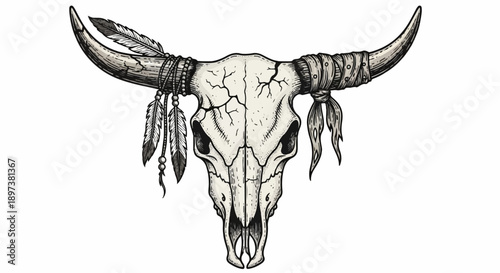 An intricate hand-drawn illustration of a cow skull adorned with feathers, beads, and fabric wraps