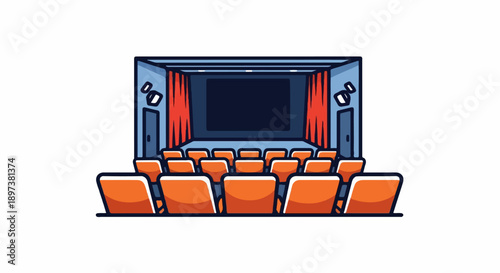 An empty cartoon cinema hall featuring orange seats, a dark screen, red curtains, and blue walls