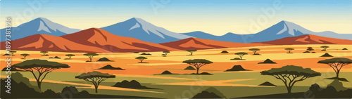 Pixel art landscape of an African savanna with acacia trees, rolling hills, and distant blue mountains under a warm sky