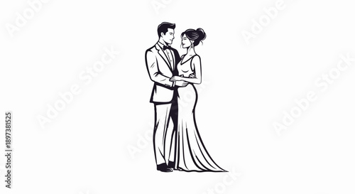 Stylized black and white illustration of a loving couple in formal wear, embracing and looking at each other